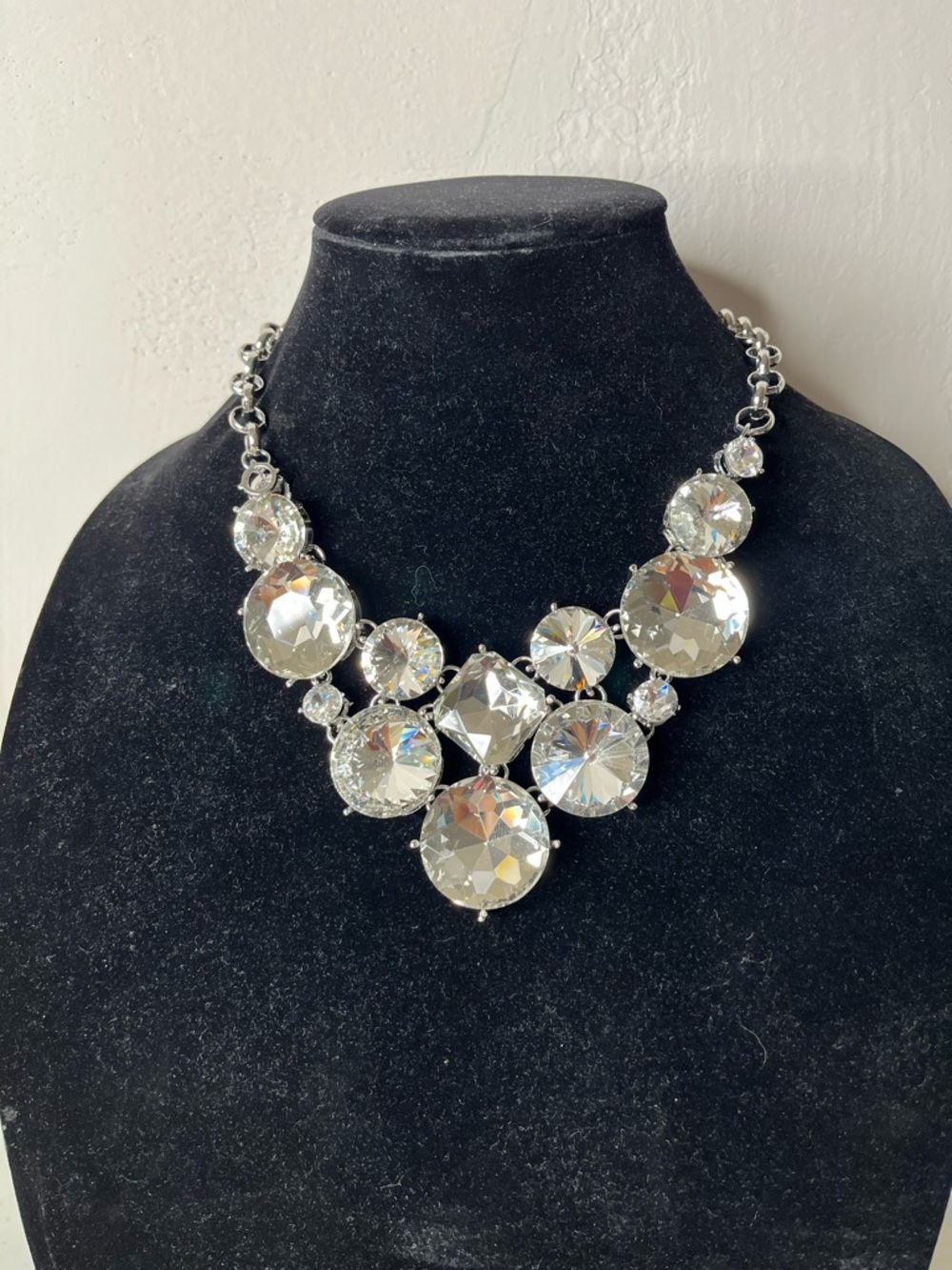 Silver Clear Crystal Statement Necklace - Sparkling Bib Design